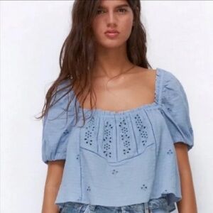 Zara NWT open work blue eyelet puff sleeve top size XXL